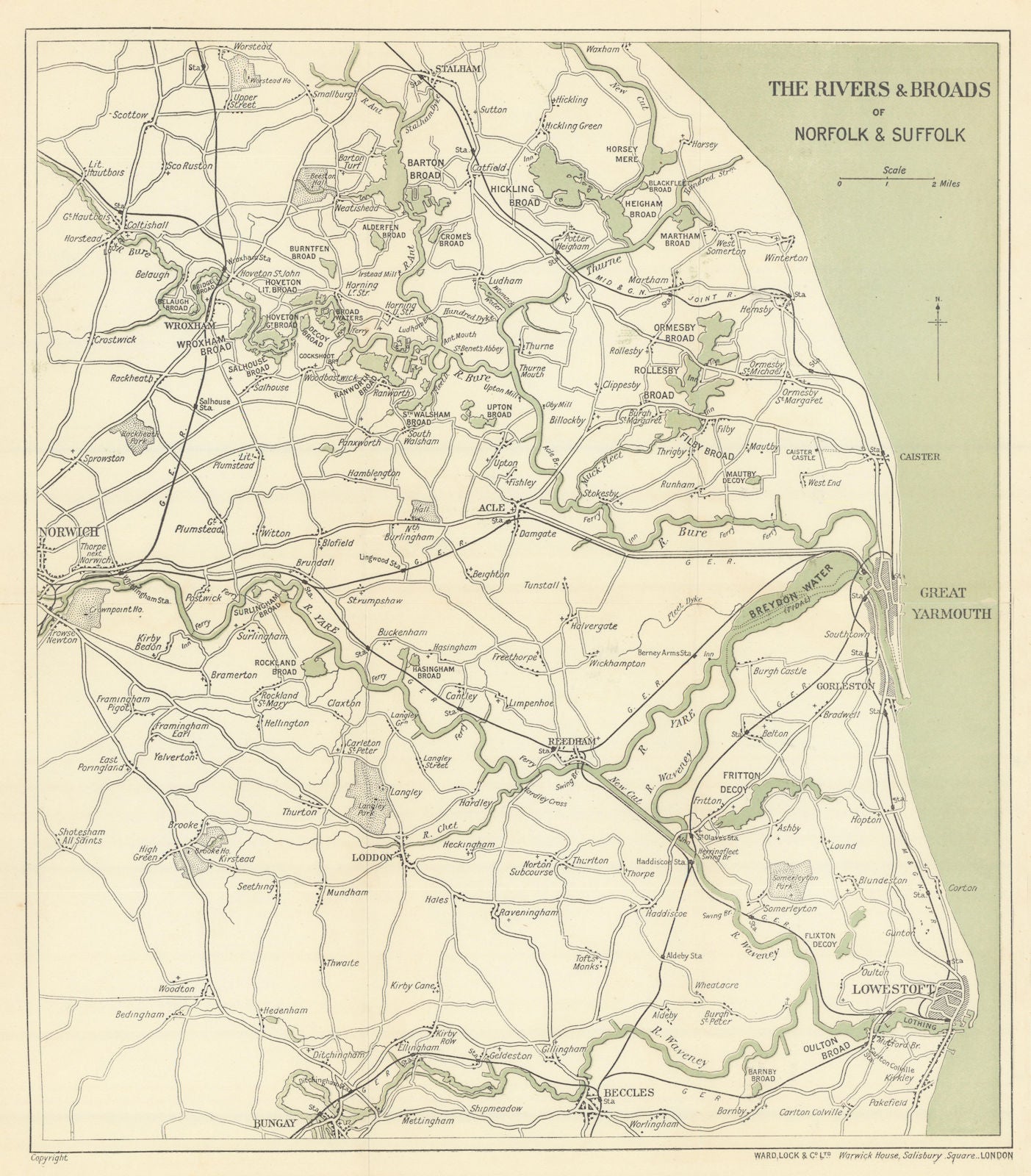 THE NORFOLK BROADS. Great Yarmouth Lowestoft Beccles Norwich. WARD LOCK 1919 map